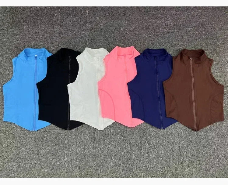 Sleeveless Zipper Sporty Top Women Crop Top Breathable Quick Dry Fitness Shirt Sportswear Lady Gym Training Vest Workout Clothes