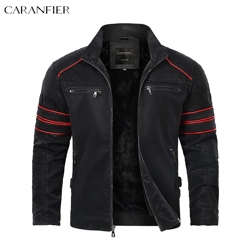 CARANFIER Mens Leahter Jacket Men Washed Retro Velour PU Jackets Male Motorcycle Biker Coat Autumn Winter Outerwear